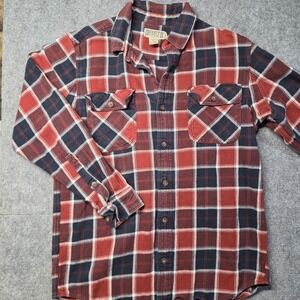Duluth Trading Co Mens Trim Fit Flannel Shirt Large Red Navy Blue Plaid Cotton